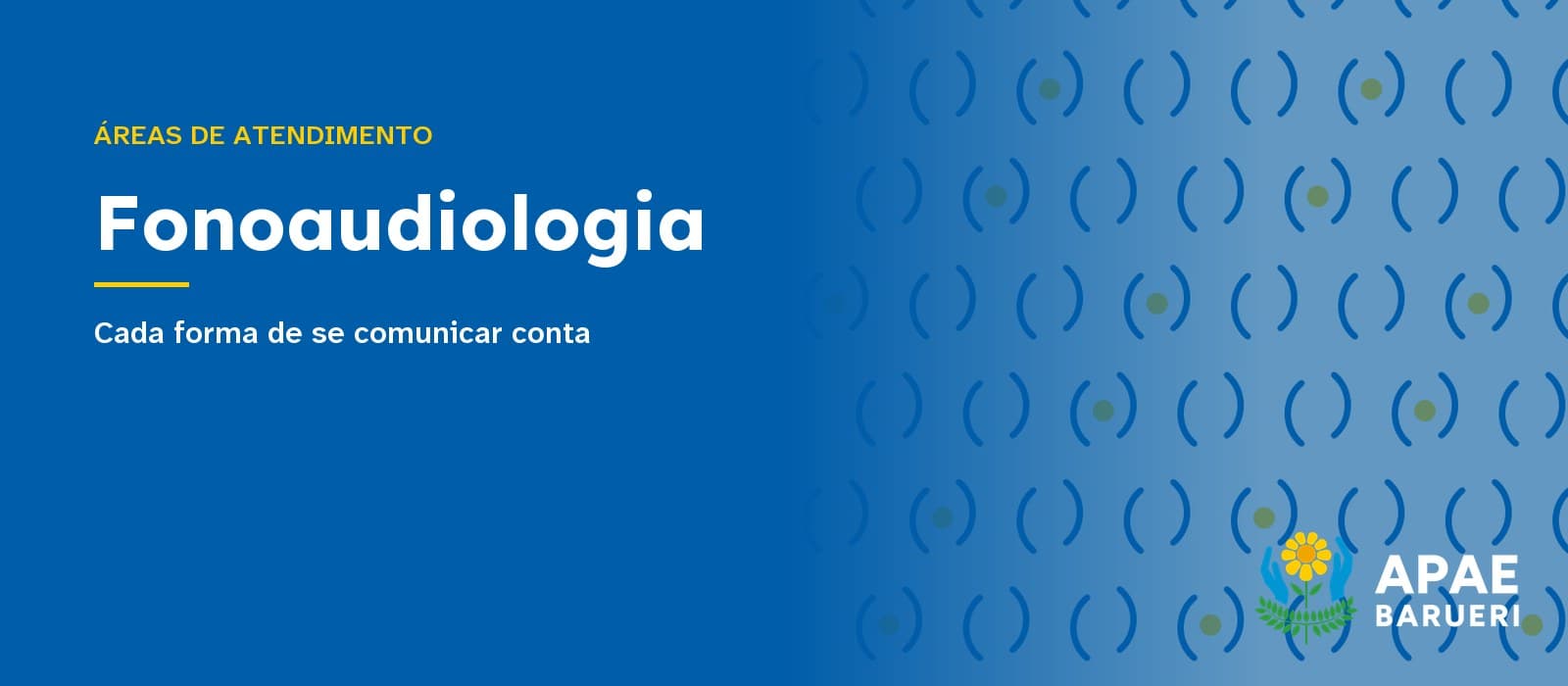 Capa tipográfica em fundo azul com o texto “Áreas de atendimento” e o título “Fonoaudiologia”, seguido da frase “Cada forma de se comunicar conta”, com estampa de parênteses em azul-claro à direita e o logo da APAE Barueri no canto inferior.