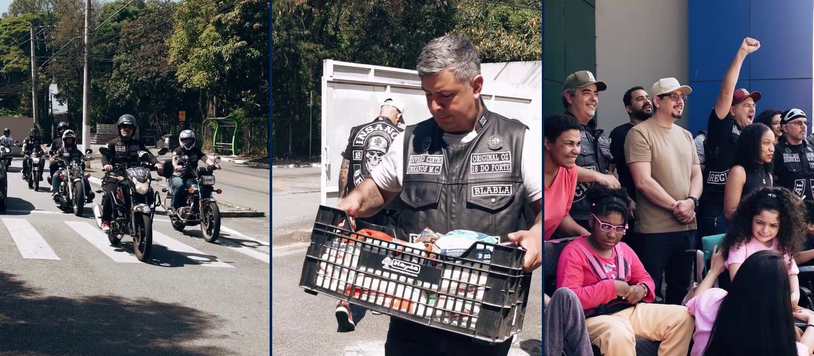 Três cenas da visita do Insanos MC à APAE Barueri: motociclistas chegando em fila pela avenida, um integrante de colete de couro carregando um engradado de alimentos e a foto coletiva com atendidos, alguns em cadeira de rodas, diante da fachada azul da sede, com um motociclista de punho erguido.
