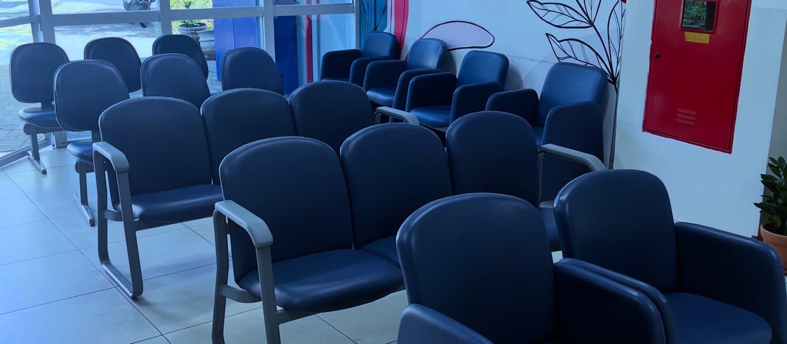 Salão da recepção da APAE Barueri com fileiras de poltronas estofadas azul-marinho, parede com mural de folhas e flores desenhadas e janelas de vidro voltadas para o jardim.