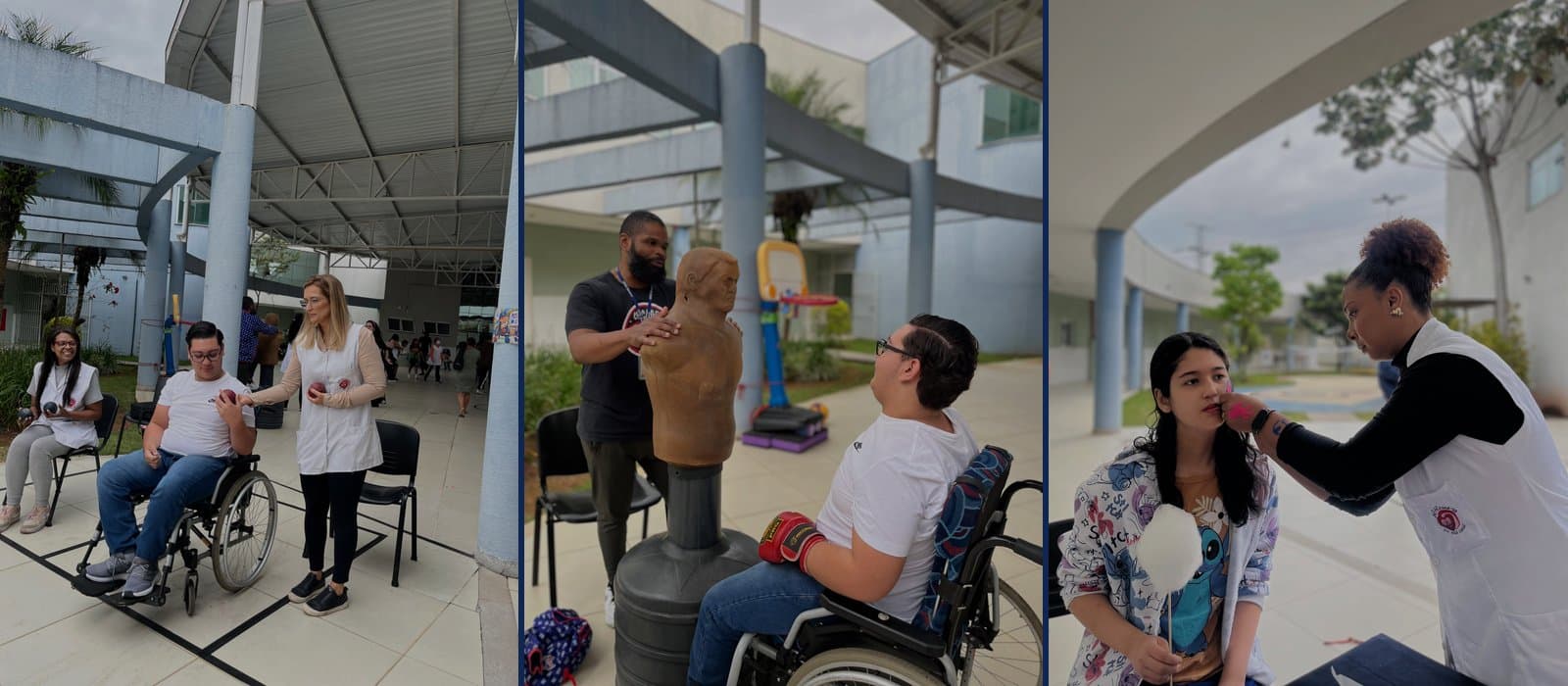 Três cenas do primeiro dia da Semana dos Esportes no pátio coberto da APAE Barueri: um jovem em cadeira de rodas segura uma bola vermelha de bocha ao lado de uma profissional de colete branco; o mesmo jovem, de luvas de boxe vermelhas, diante de um boneco de treino; e uma profissional pinta um desenho rosa no rosto de uma adolescente que segura um algodão-doce.