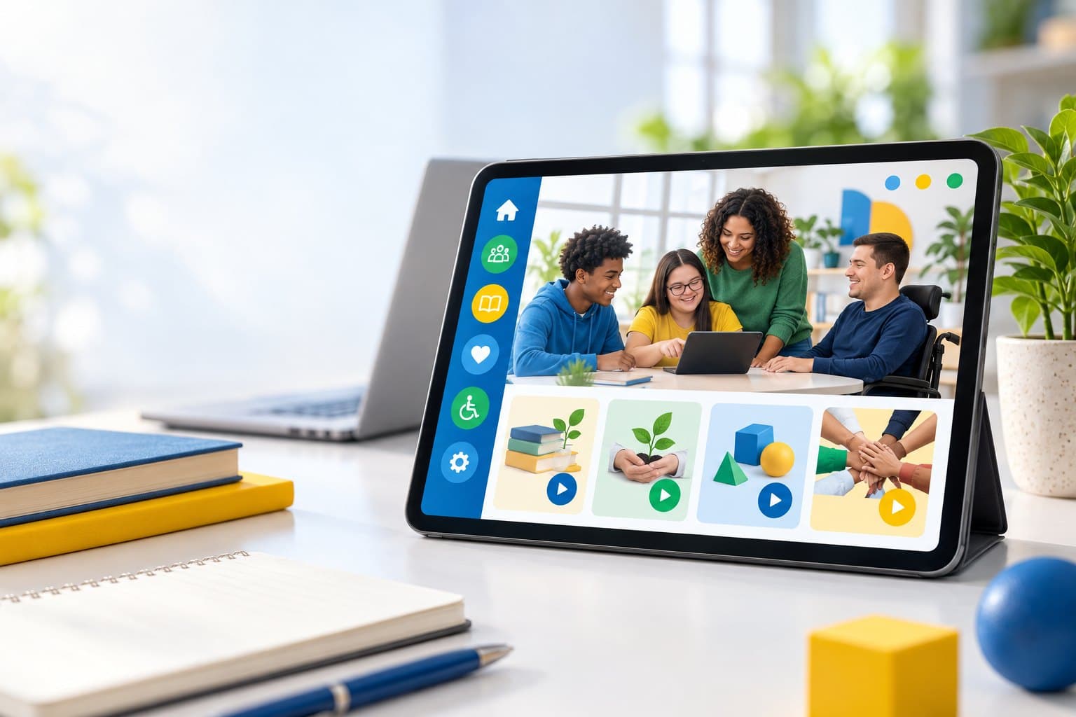Tablet mostrando a plataforma da Escola de Inclusão da APAE Barueri, com pessoas diversas aprendendo juntas.