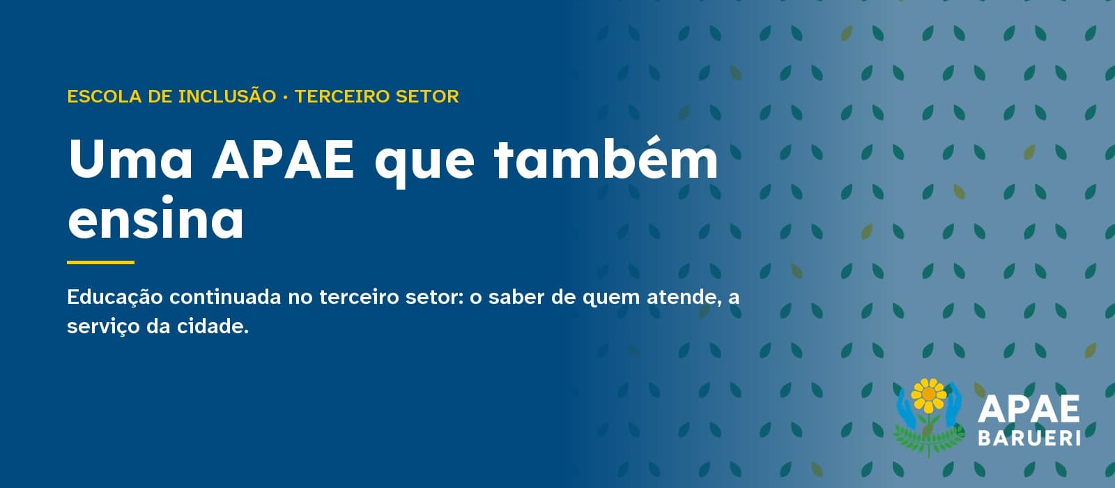 Capa tipográfica em fundo azul-escuro com a estampa de folhas de louro da marca APAE Barueri: acima, em amarelo, “Escola de Inclusão · Terceiro setor”; ao centro, em branco, o título “Uma APAE que também ensina” e, abaixo, “Educação continuada no terceiro setor: o saber de quem atende, a serviço da cidade.”