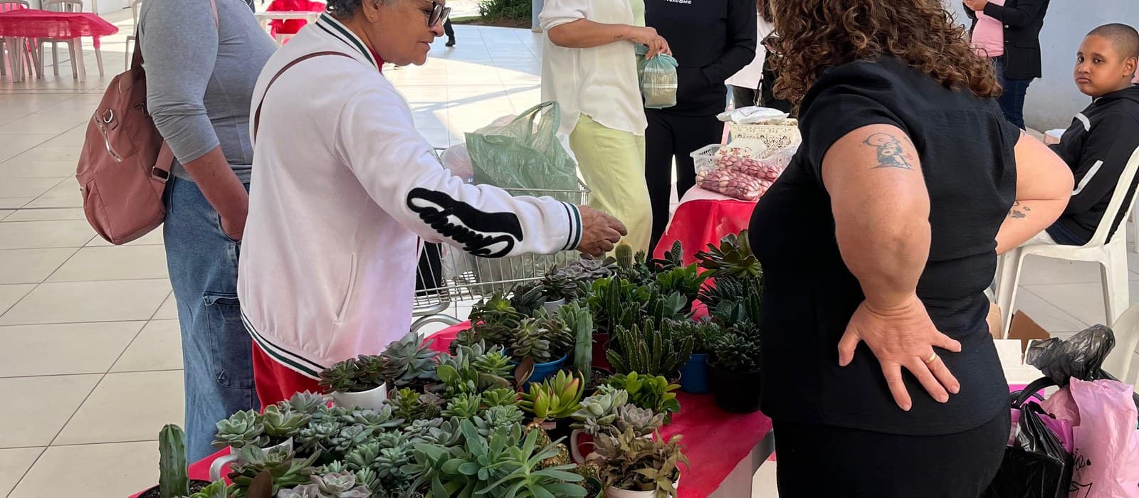 Mesa coberta com toalha vermelha exibe dezenas de suculentas e cactos em vasos pequenos; ao redor, pessoas conversam e observam os produtos na área coberta da APAE Barueri.