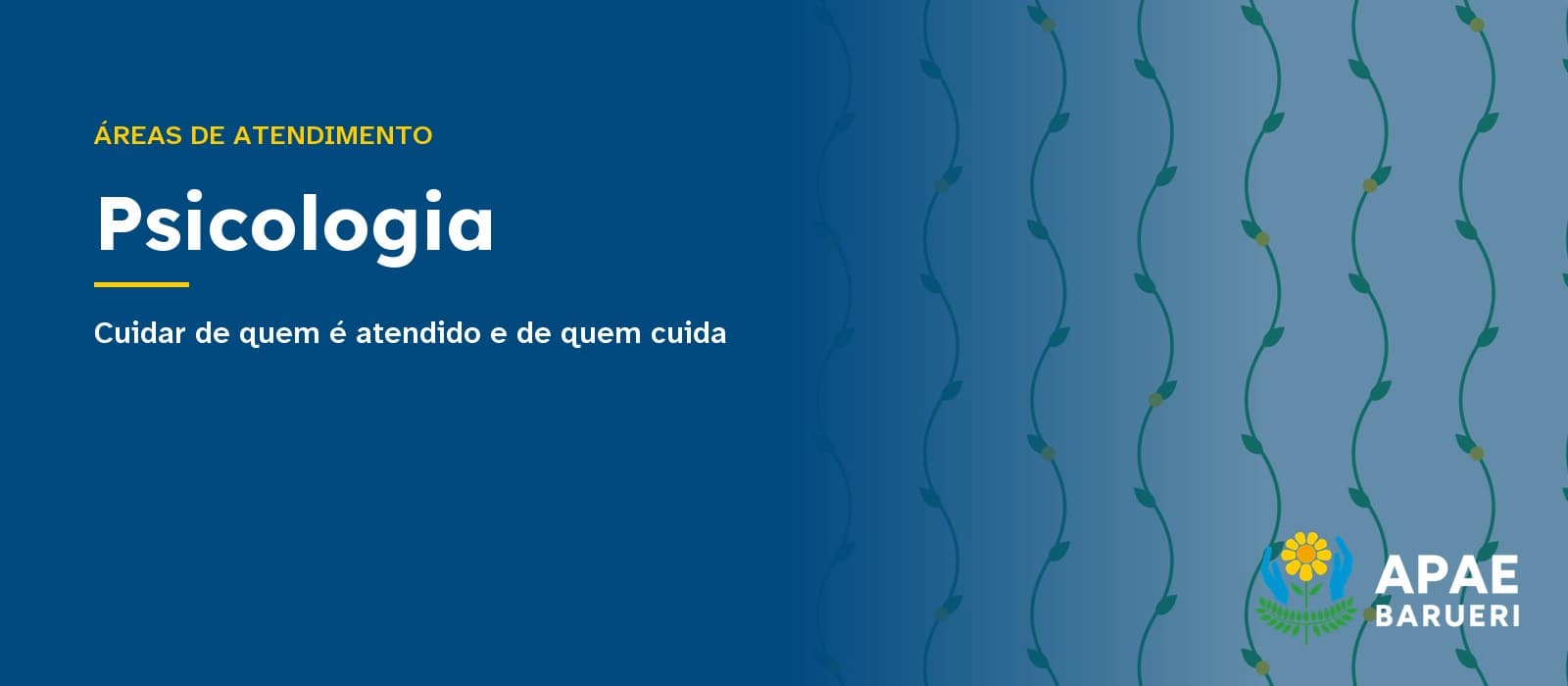 Capa tipográfica em fundo azul-escuro com o texto “Áreas de atendimento” e o título “Psicologia”, seguido da frase “Cuidar de quem é atendido e de quem cuida”, com estampa de hastes onduladas com folhas à direita e o logo da APAE Barueri no canto inferior.